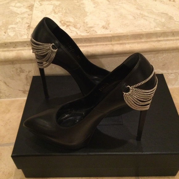 SAINT LAURENT BLACK LEATHER JANIS CHAIN PLATFORM  PUMPS SIZE 38 1/2 - Picture 4 of 6